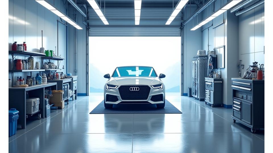 Intérieur high-tech de l'atelier AquaCleanse avec équipement de detailing professionnel.